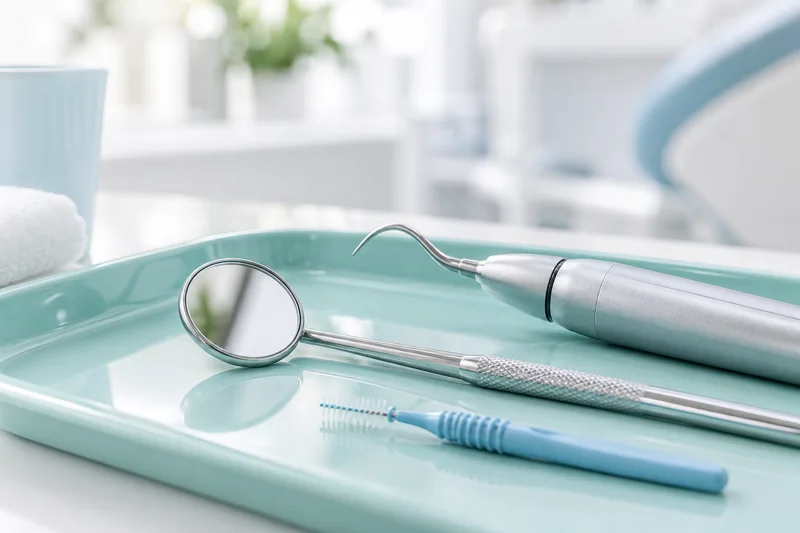 Espejo, instrumental de limpieza y cepillo interdental sobre una bandeja, imagen ilustrativa.